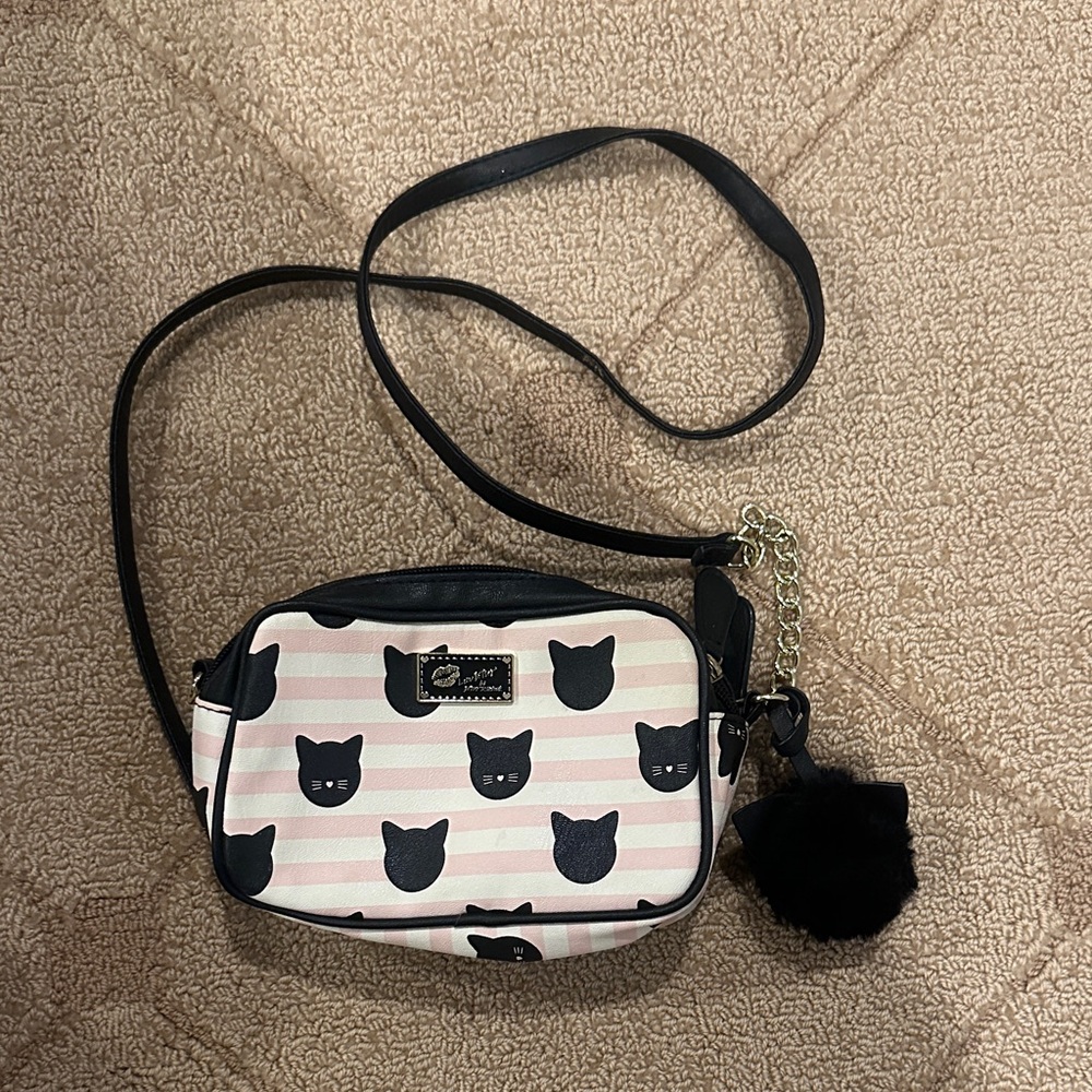 Betsey Johnson Black and Pink Cat Patterned Crossbody Bag